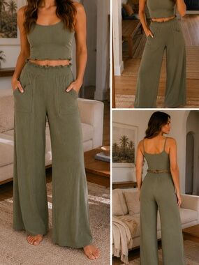 Free People Olive Green Ribbed Wide Leg Pants